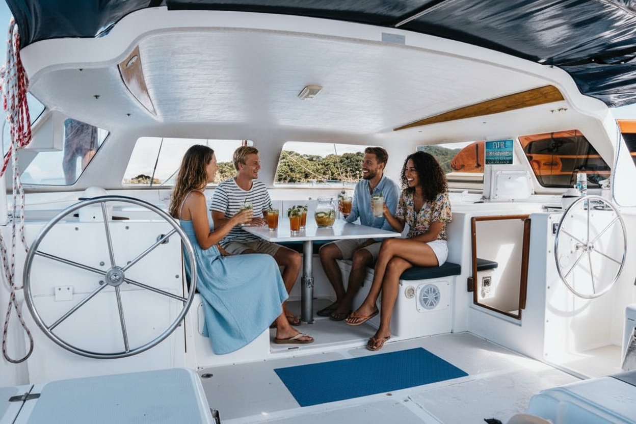 Friends enjoying on the catamaran